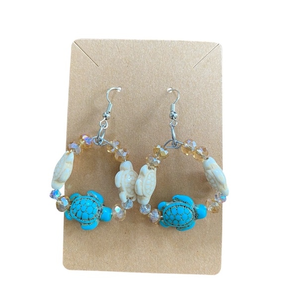 Hand Crafted Jewelry - Blue and Cream Beaded Sea Turtle Dangle Earrings